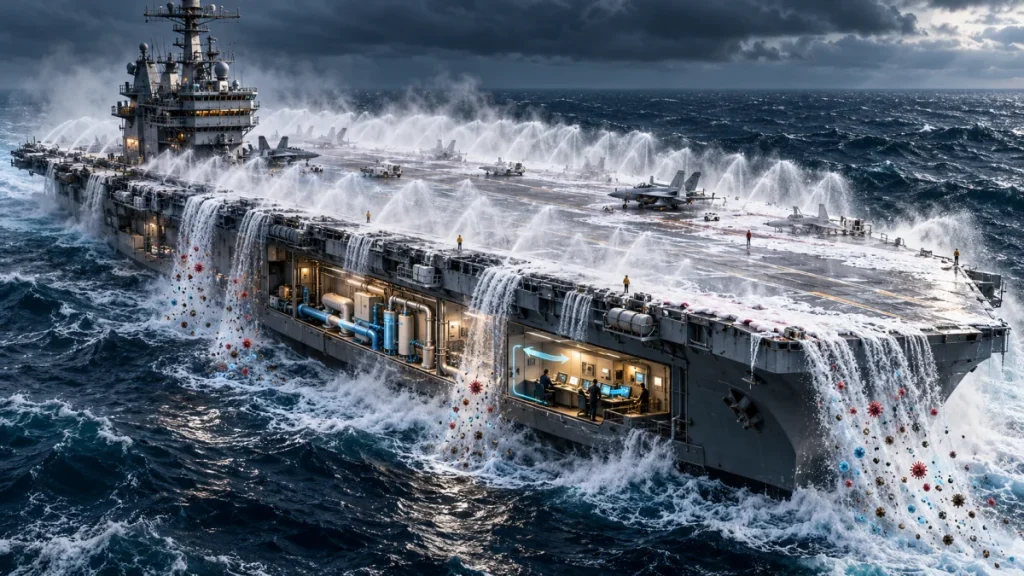 An aircraft carrier at sea with water spraying across the deck and down the hull during a countermeasure washdown exercise.