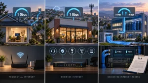 Three-panel infographic comparing residential internet, business internet, and dedicated internet access at 1 Gbps, showing a home router, a storefront network setup, and a server rack with an SLA document.