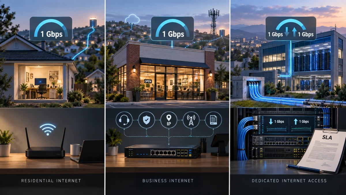 Three-panel infographic comparing residential internet, business internet, and dedicated internet access at 1 Gbps, showing a home router, a storefront network setup, and a server rack with an SLA document.
