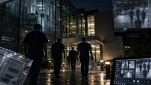 Several people in dark medical scrubs walk toward a lit building at night, with surveillance-style overlays and monitors in the foreground.