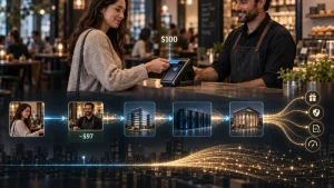 A customer pays with a credit card at a cafe counter, with an infographic showing the payment flowing through banks and processors and reducing the merchant’s payout from $100 to about $97.