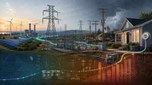 A split-scene illustration of the modern power grid with wind turbines, solar panels, transmission towers, a home meter, and storm damage, with a rising cost chart overlaid.