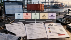 Desk scene showing a laptop with the Harmonized Tariff Schedule, shipping container, customs forms, and an overlaid cost breakdown for import fees and charges.
