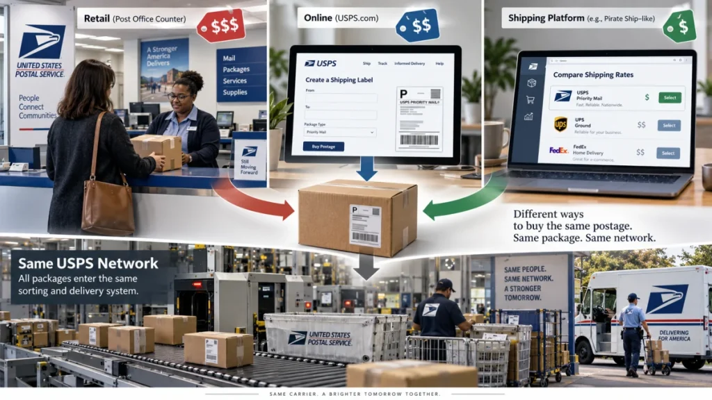 Comparison graphic showing USPS retail counter, USPS online label purchase, and a shipping platform display, all sending packages through the same USPS network.