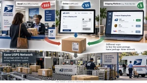 Comparison graphic showing USPS retail counter, USPS online label purchase, and a shipping platform display, all sending packages through the same USPS network.