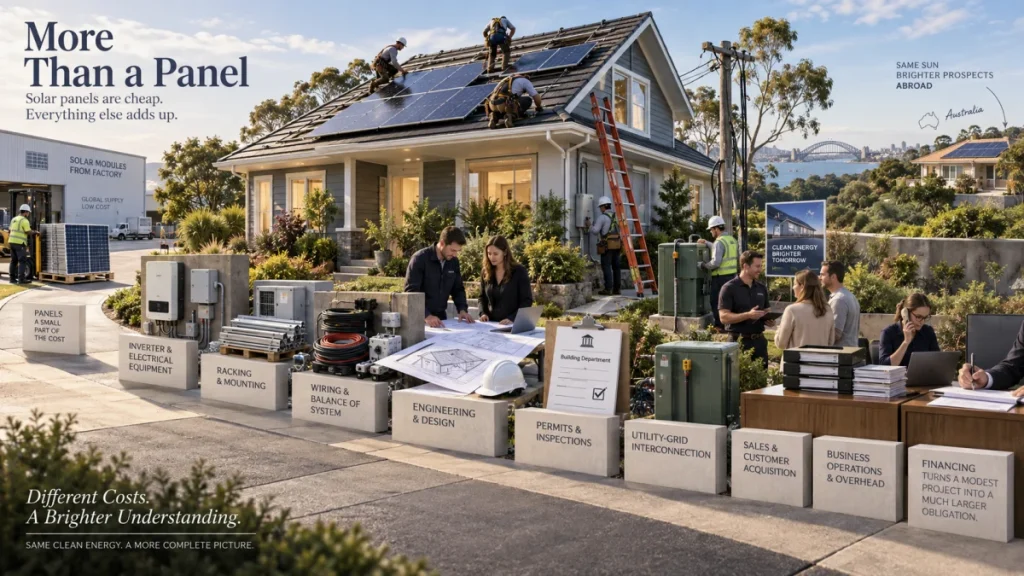 Illustrated home solar installation with roof-mounted panels, installers, and labeled cost components such as permits, wiring, inverter equipment, and financing.