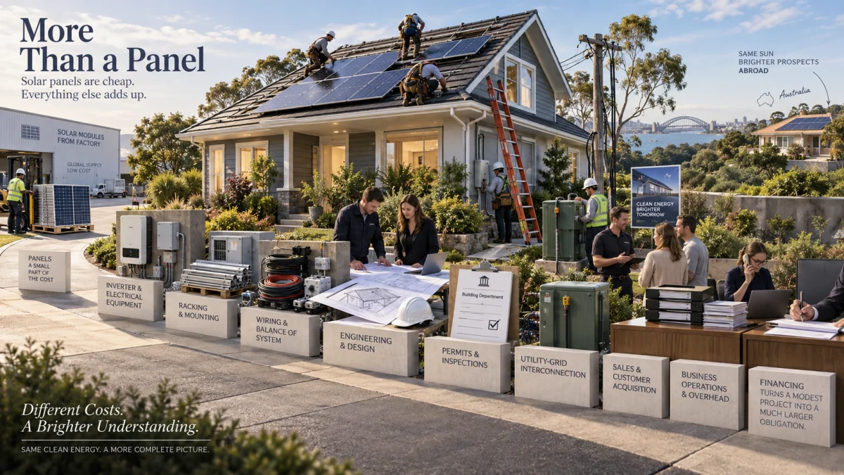 Illustrated home solar installation with roof-mounted panels, installers, and labeled cost components such as permits, wiring, inverter equipment, and financing.