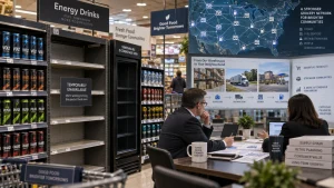 Empty energy drink shelves in a grocery store, with a temporary unavailable sign and business presentation materials in the foreground.