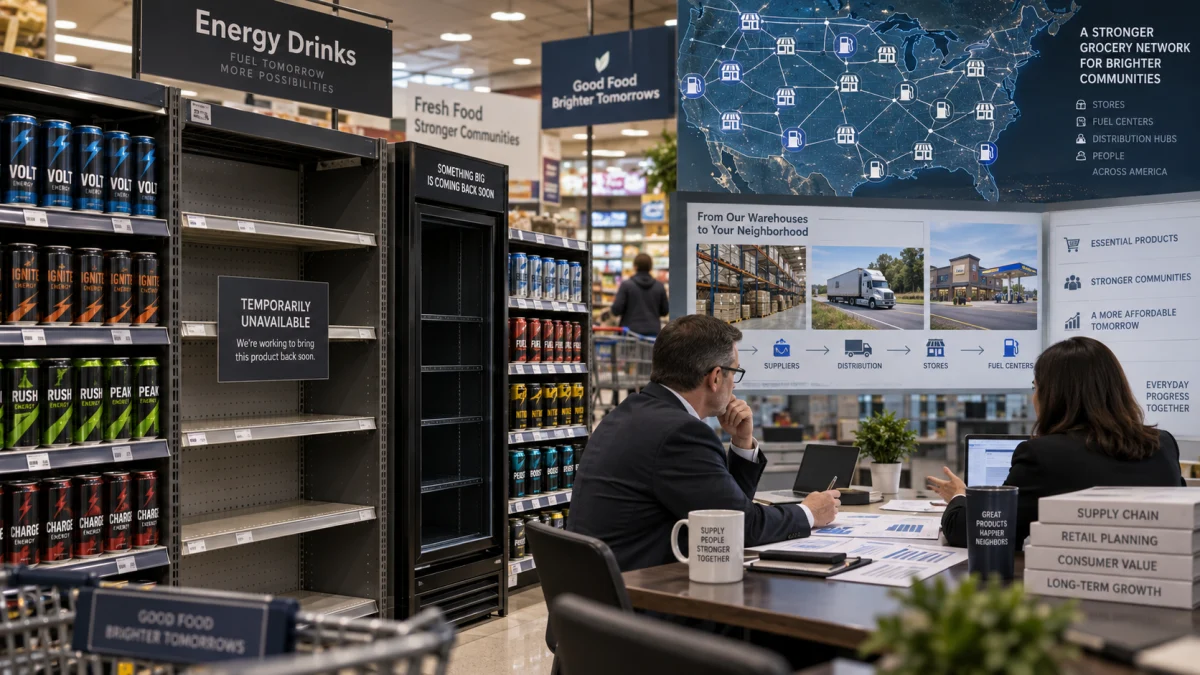 Empty energy drink shelves in a grocery store, with a temporary unavailable sign and business presentation materials in the foreground.