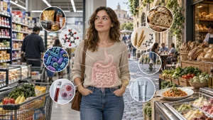 Woman standing between a U.S. grocery store and a European market, with illustrations of the stomach, foods, water, wheat, gut bacteria, and walking to suggest factors affecting bloating.