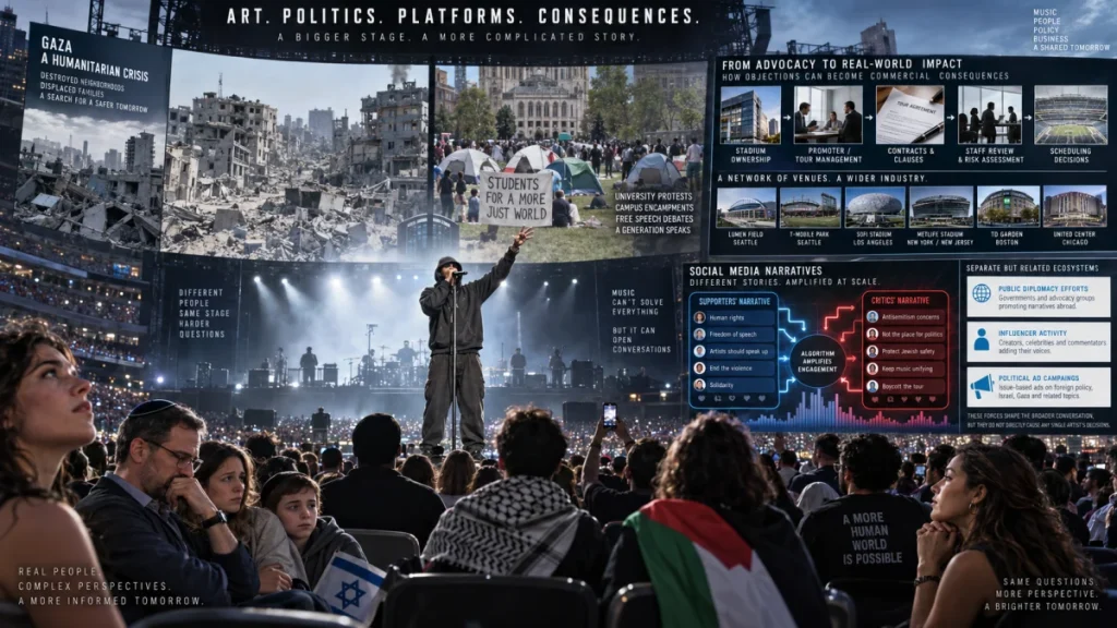 Infographic-style collage showing Macklemore on stage, Gaza разрушation, campus protests, and social media narrative panels about Palestine and antisemitism.