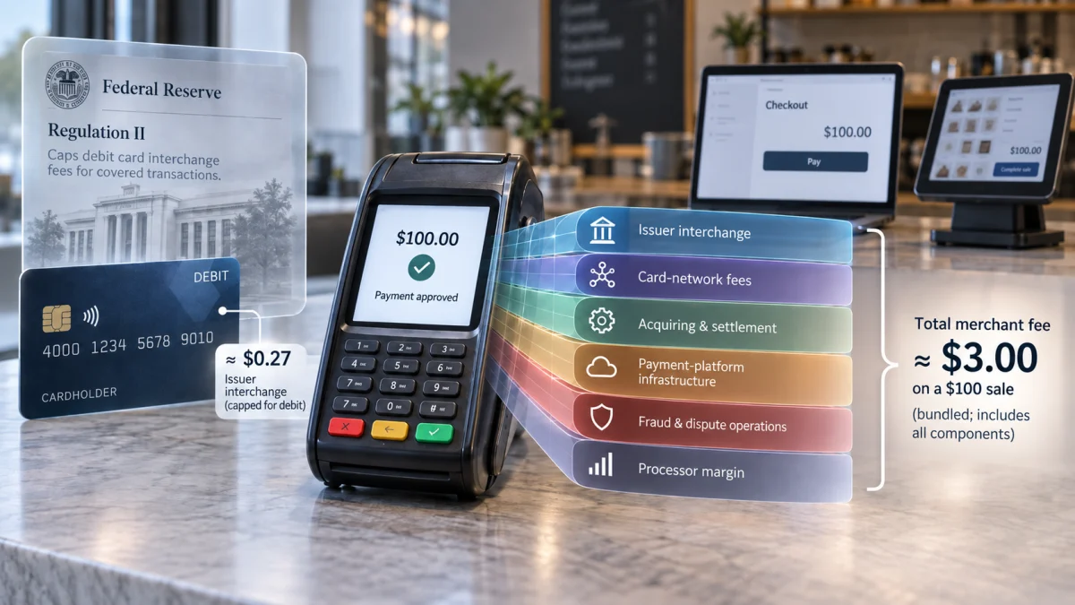 A point-of-sale terminal with an overlay showing debit card interchange caps, bundled merchant fees, and payment processing fee components.