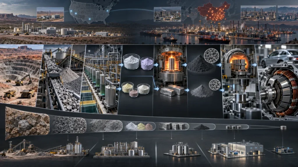 Collage showing rare earth mining, refining, magnet manufacturing, and electric motor components, with maps and industrial facilities illustrating the U.S.-China supply chain.