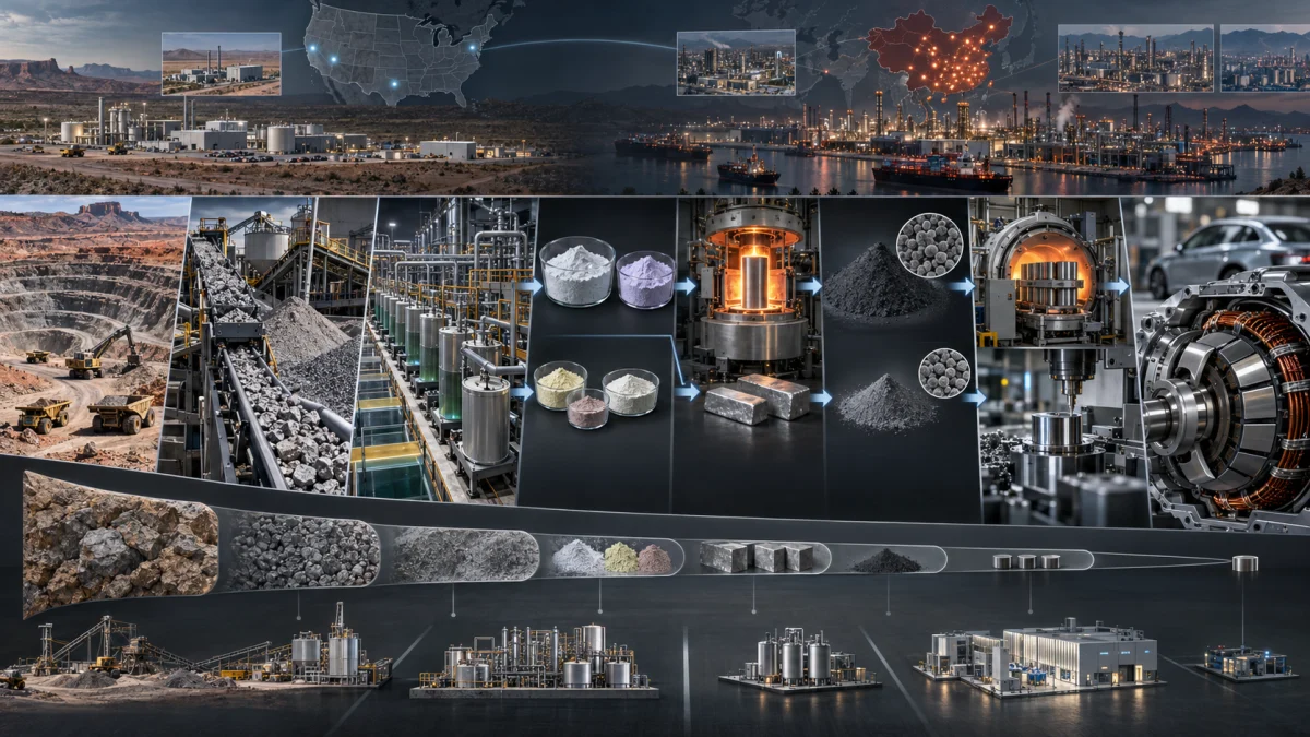 Collage showing rare earth mining, refining, magnet manufacturing, and electric motor components, with maps and industrial facilities illustrating the U.S.-China supply chain.