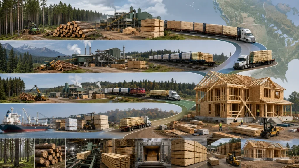 Collage showing forest logging, lumber mills, trucks, trains, ships, and a house under construction with a map of North America in the background.