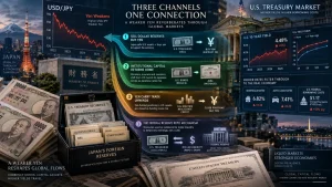 Infographic showing the weakening yen, U.S. Treasury market, and three channels linking Japan’s currency moves to global markets.