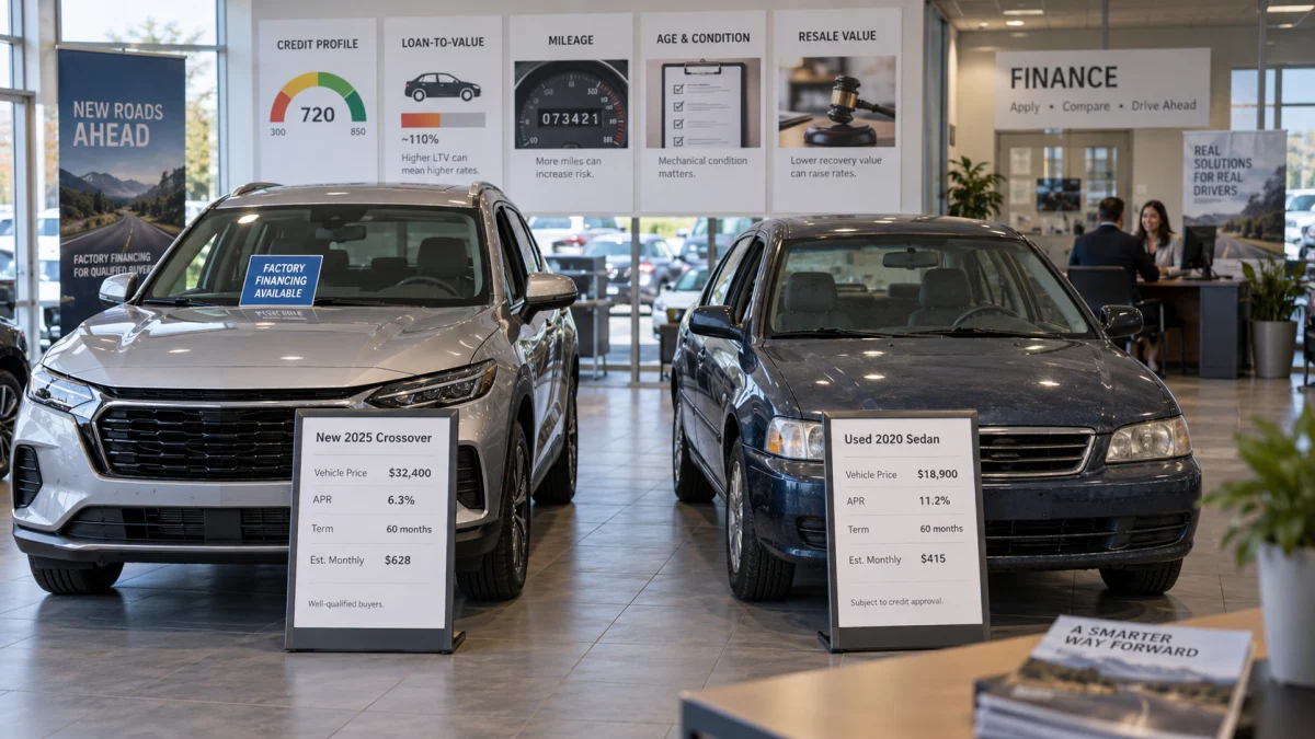 Car dealership showroom with a new SUV and a used sedan displayed beside financing signs showing different APRs and monthly payments.