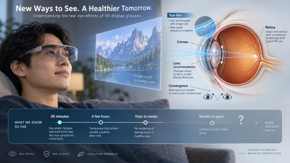 Infographic showing a person wearing XR glasses alongside an eye diagram explaining lens, cornea, retina, and short-term eye effects of XR display use.