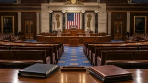An empty U.S. House of Representatives chamber with an American flag behind the speaker’s dais.