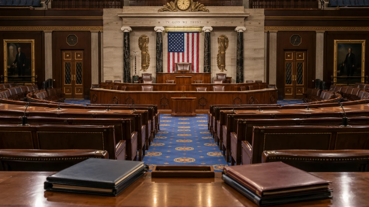 An empty U.S. House of Representatives chamber with an American flag behind the speaker’s dais.