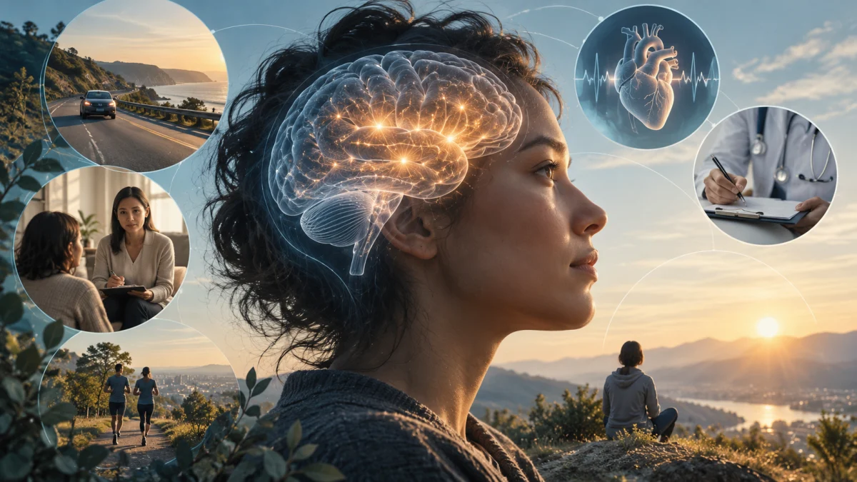Profile of a woman with a glowing digital brain overlay, surrounded by images of medical care, exercise, driving, and reflection at sunset.