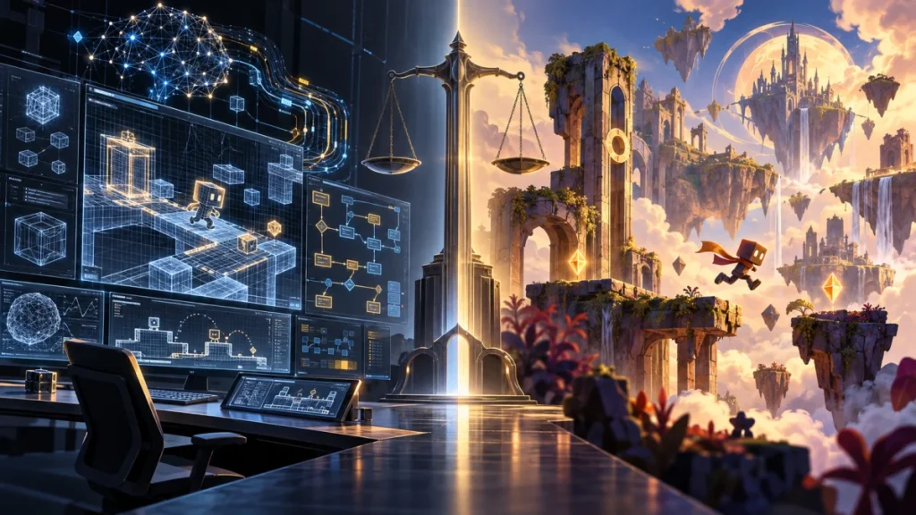 A split scene shows AI game design screens and a floating fantasy video game world separated by a scale of justice.