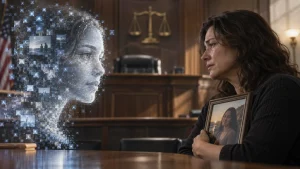 A grieving woman holds a framed photo in a courtroom while a digital, AI-generated female face appears beside her.