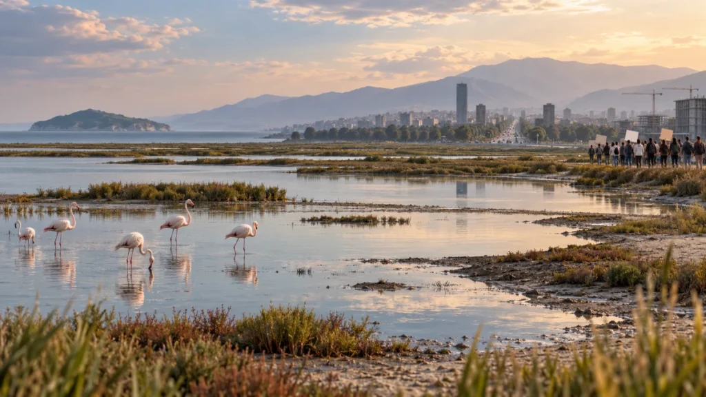 Pink flamingos wade in a coastal wetland with protesters holding signs in the distance near a city skyline.
