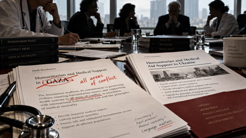 A conference table with medical policy documents comparing humanitarian support for Gaza and Ukraine, surrounded by doctors and stacked reference books.