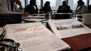A conference table with medical policy documents comparing humanitarian support for Gaza and Ukraine, surrounded by doctors and stacked reference books.