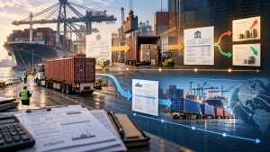 Cargo containers, a freight truck, port cranes, and tax and customs documents illustrating antidumping duty cash deposits and later final duty billing.
