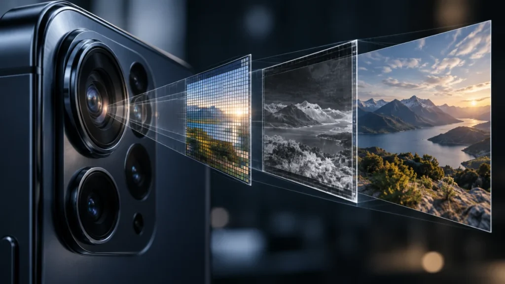 Close-up of an iPhone camera with layered image panels projecting from the lens, including a pixel grid, grayscale image, and a scenic landscape.