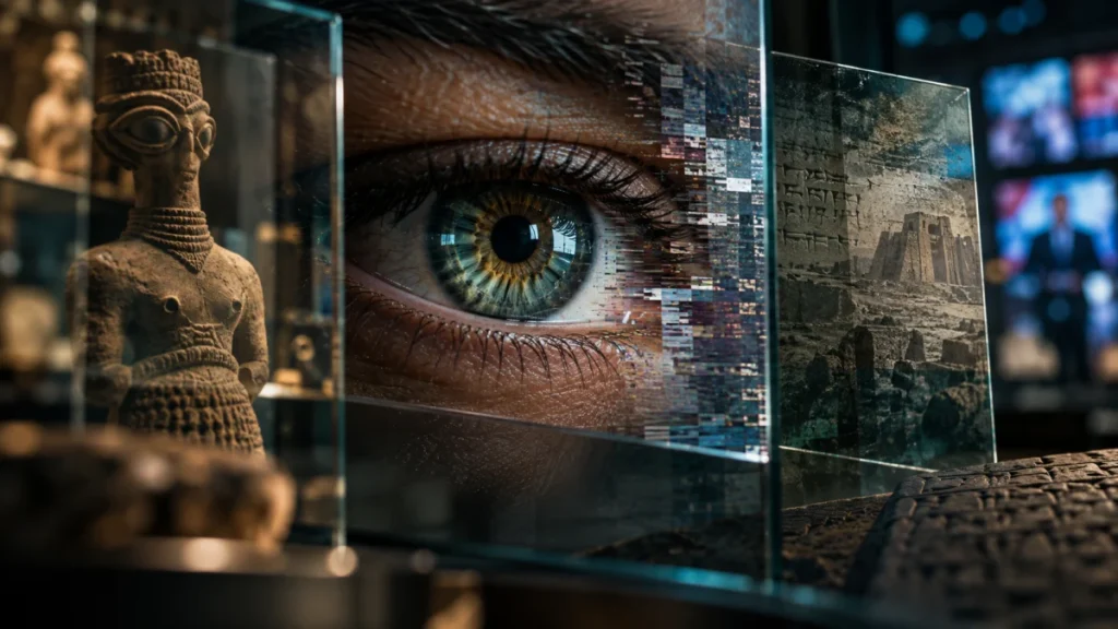 A close-up eye shown alongside ancient statue and temple imagery, suggesting reptilian conspiracy theories and shapeshifting claims.