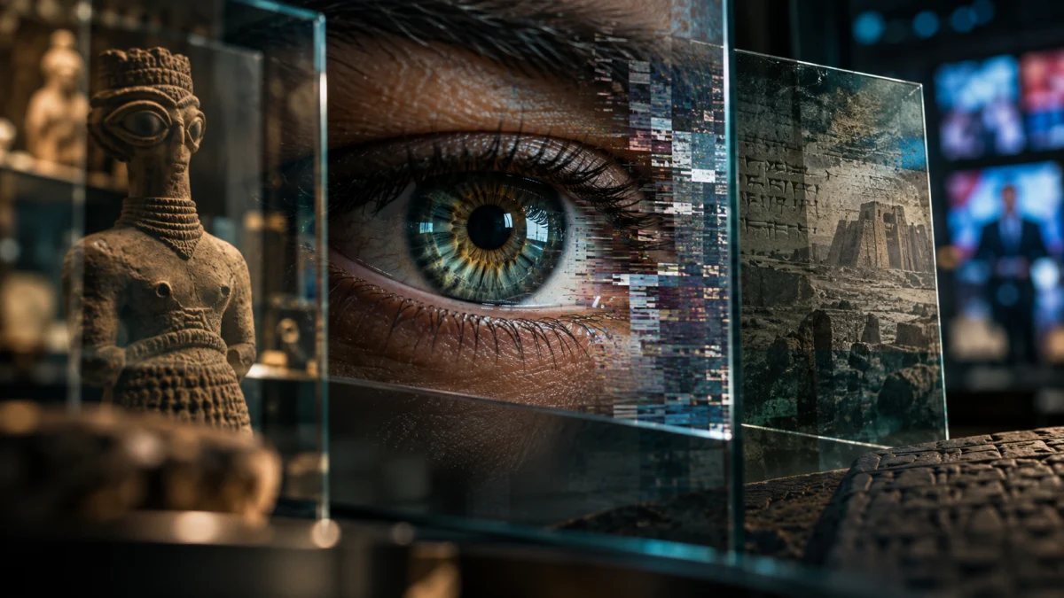 A close-up eye shown alongside ancient statue and temple imagery, suggesting reptilian conspiracy theories and shapeshifting claims.
