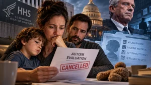 Parents and child reading a canceled autism evaluation notice, with government and health records imagery in the background.