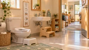 A welcoming school bathroom with a child-sized toilet, sink, step stool, and visual handwashing and toileting cues.