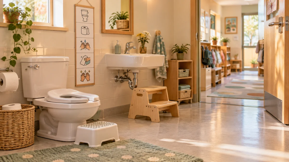 A welcoming school bathroom with a child-sized toilet, sink, step stool, and visual handwashing and toileting cues.