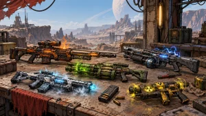 Five Borderlands 3-style guns with elemental effects displayed on a sci-fi platform in a desert landscape.