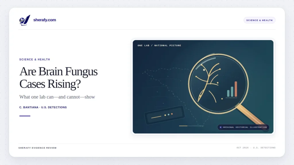 Editorial illustration of a brain fungus analysis graphic under a magnifying glass, with a small bar chart on a dark blue background.