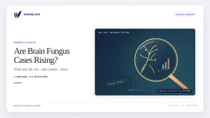 Editorial illustration of a brain fungus analysis graphic under a magnifying glass, with a small bar chart on a dark blue background.