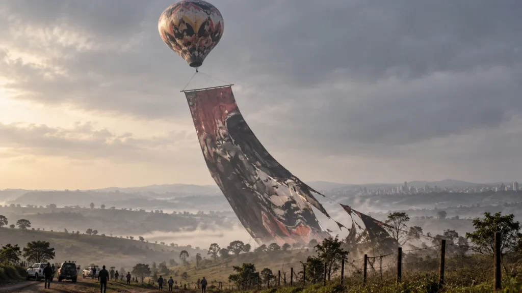 A hot air balloon flies over a rural landscape while carrying a huge vertical banner that trails toward the ground at sunset.