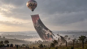 A hot air balloon flies over a rural landscape while carrying a huge vertical banner that trails toward the ground at sunset.