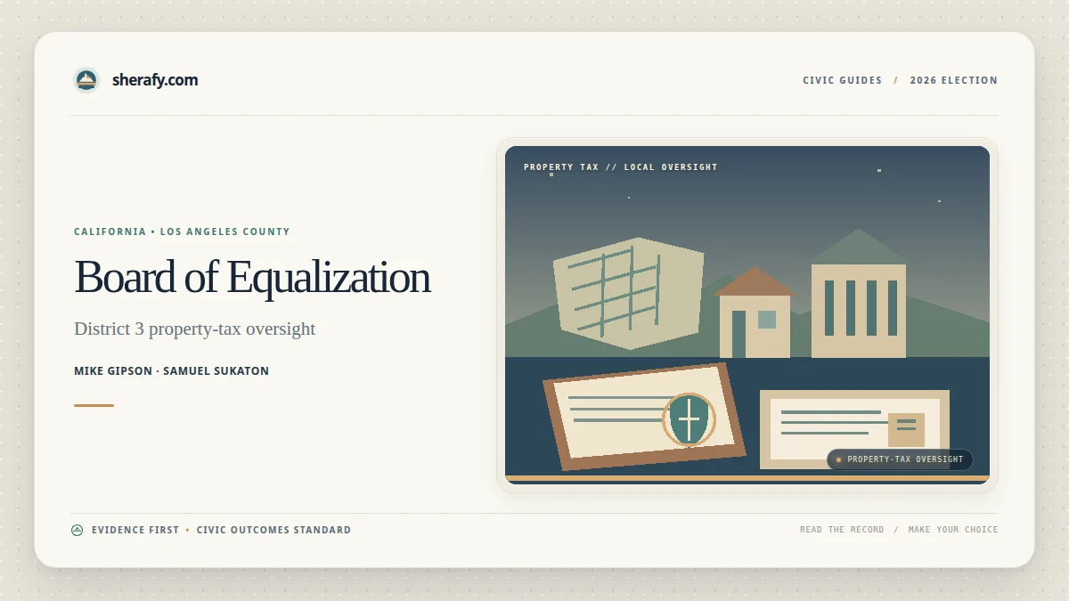 Graphic for California Board of Equalization District 3 showing candidates Mike Gipson and Samuel Sukaton with property tax oversight imagery.