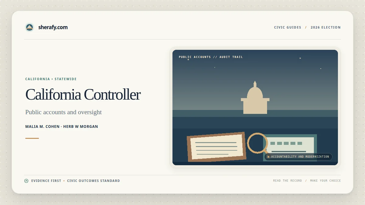 Graphic for the 2026 California Controller race featuring Malia M. Cohen and Herb W. Morgan.