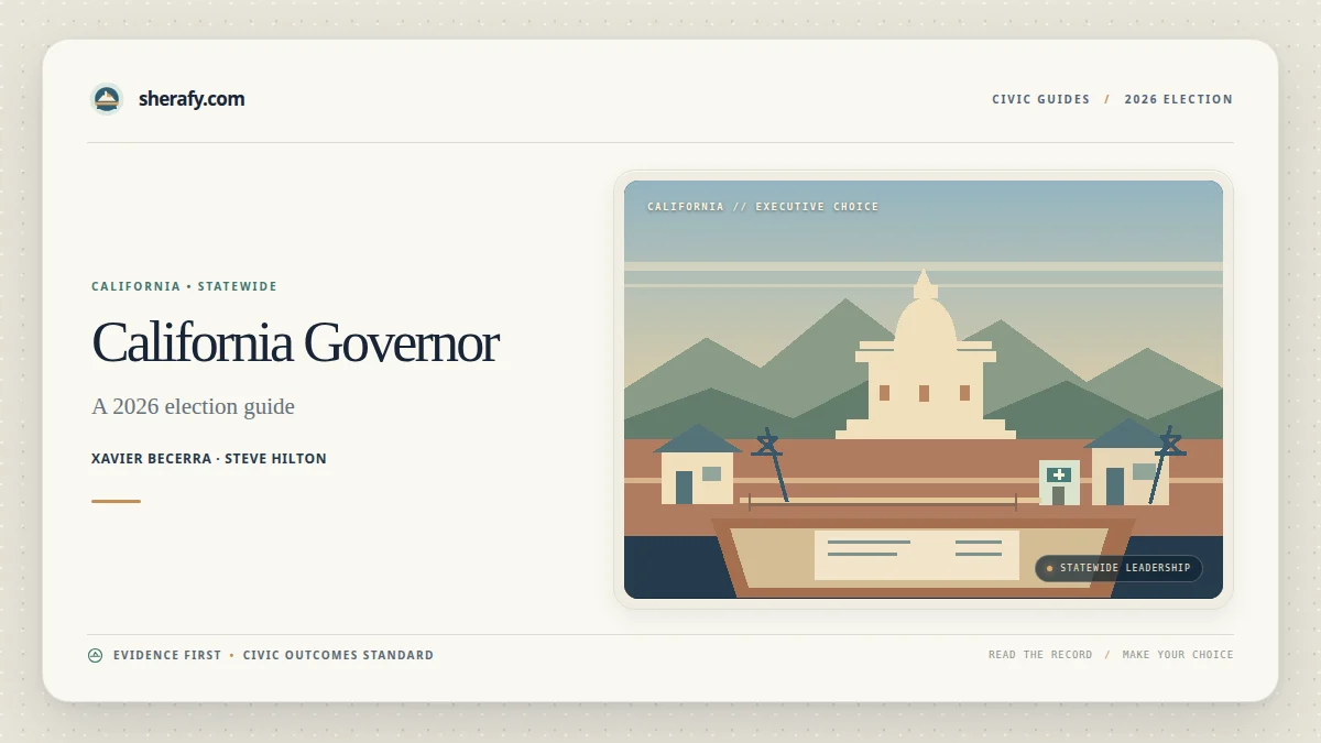 Election guide graphic for California governor in 2026 featuring Xavier Becerra and Steve Hilton, with a stylized California government illustration.