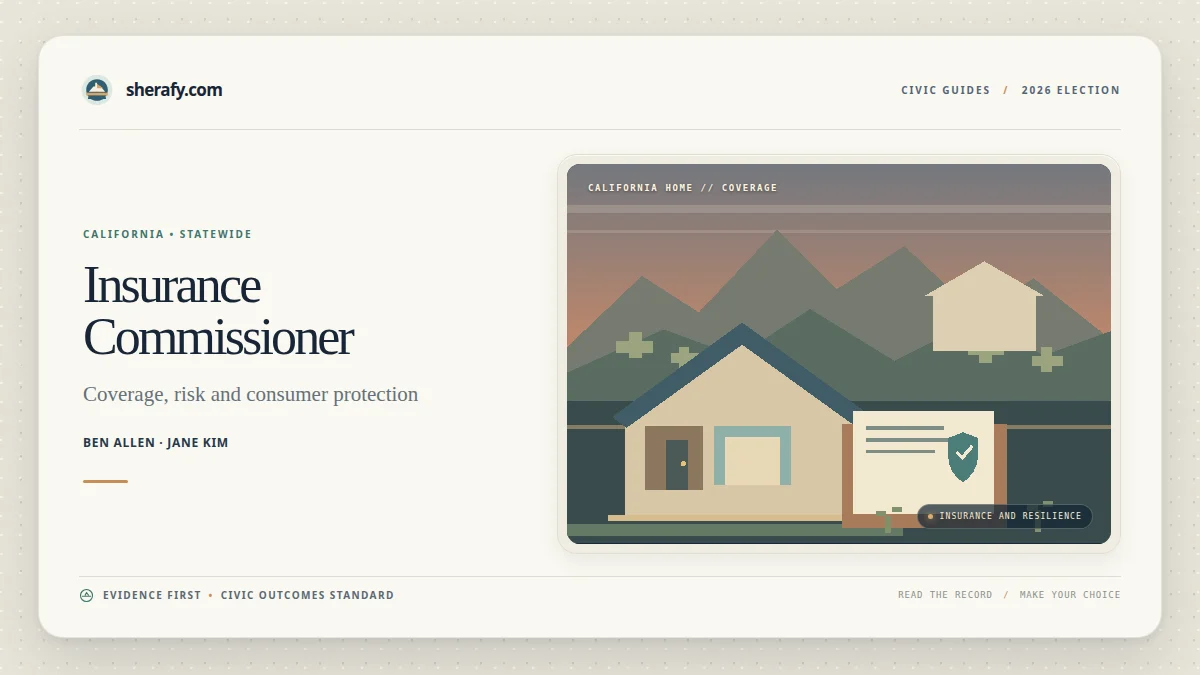 Graphic for the California Insurance Commissioner 2026 race featuring Ben Allen and Jane Kim, with an illustration of a house, mountains, and insurance coverage icons.