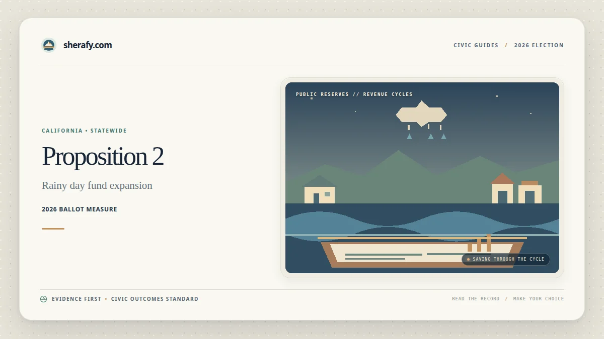 Graphic for California Proposition 2, a 2026 ballot measure about expanding the rainy day fund, with an illustrated landscape and savings theme.