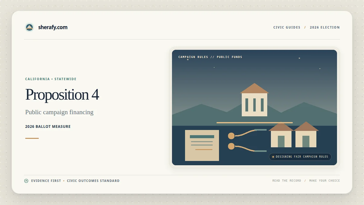 Graphic about California Proposition 4, labeled public campaign financing and 2026 ballot measure, with an illustration of campaign rules and public funds.