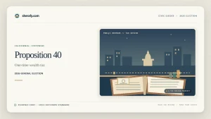 Editorial graphic explaining California Proposition 40, a one-time billionaire wealth tax, with a stylized cityscape and open ledger illustration.