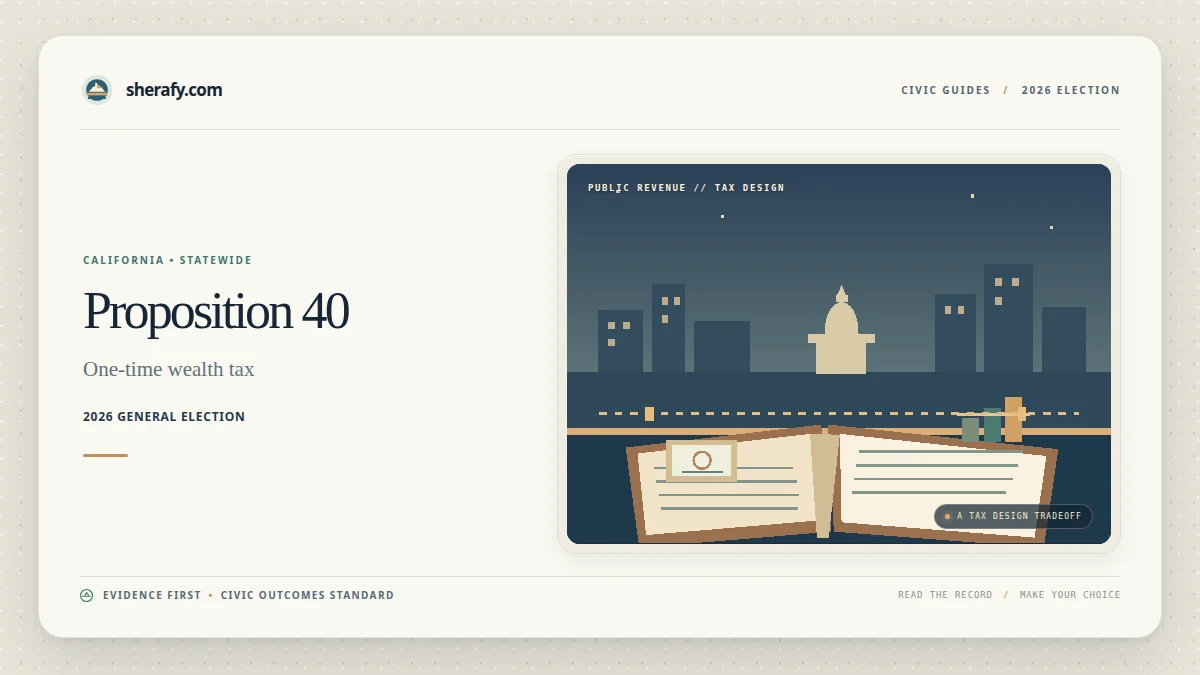 Editorial graphic explaining California Proposition 40, a one-time billionaire wealth tax, with a stylized cityscape and open ledger illustration.